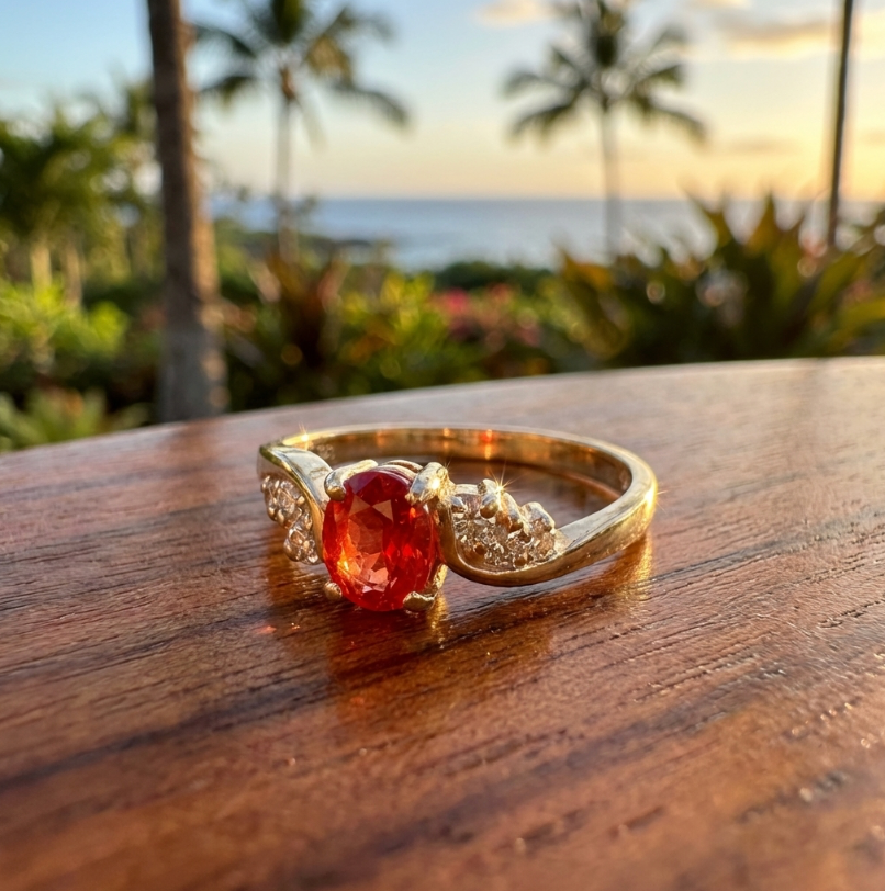 Vintage 14k Orange-Reddish-Pink Sapphire Diamond Accents