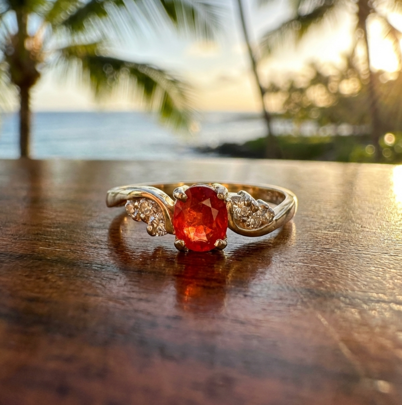 Vintage 14k Orange-Reddish-Pink Sapphire Diamond Accents