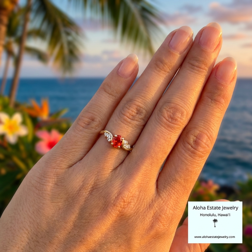 Vintage 14k Orange-Reddish-Pink Sapphire Diamond Accents
