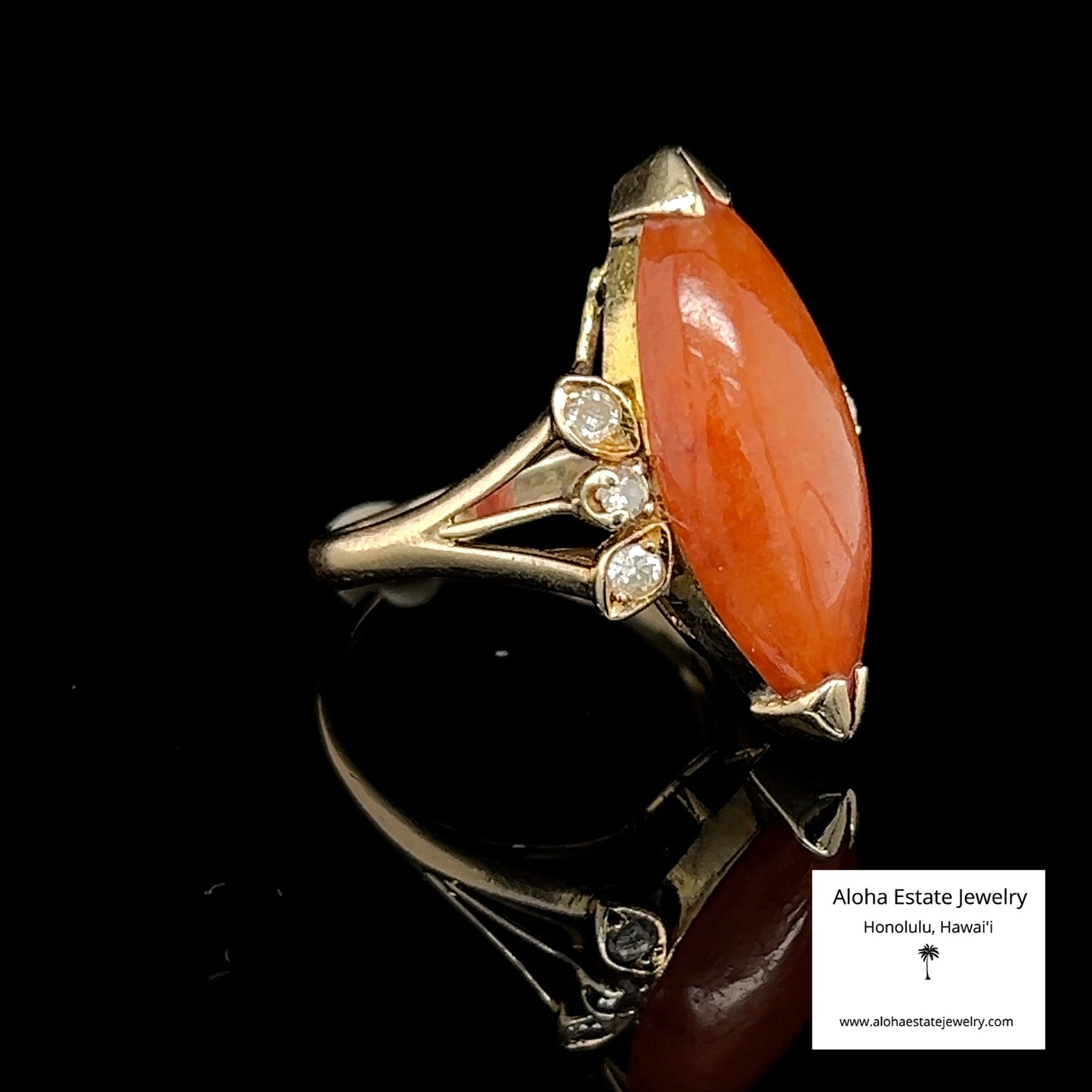 Vintage Reddish-Brown Jadeite Ring With Diamond Accents