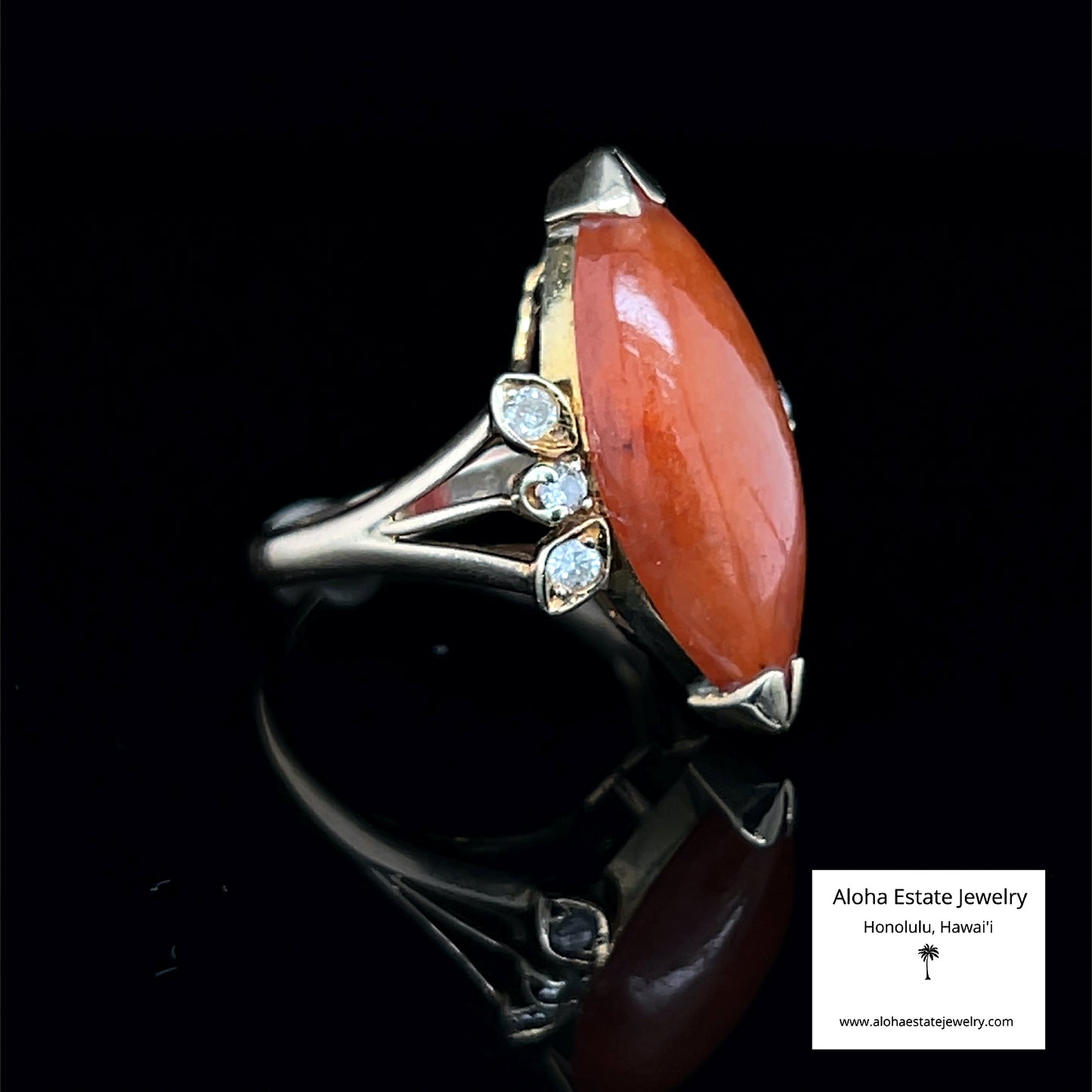 Vintage Reddish-Brown Jadeite Ring With Diamond Accents