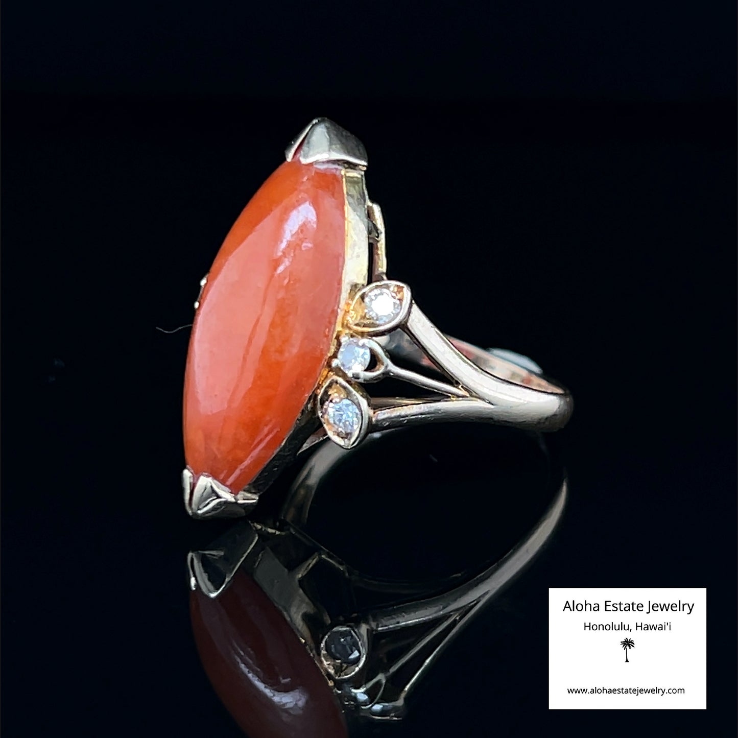 Vintage Reddish-Brown Jadeite Ring With Diamond Accents