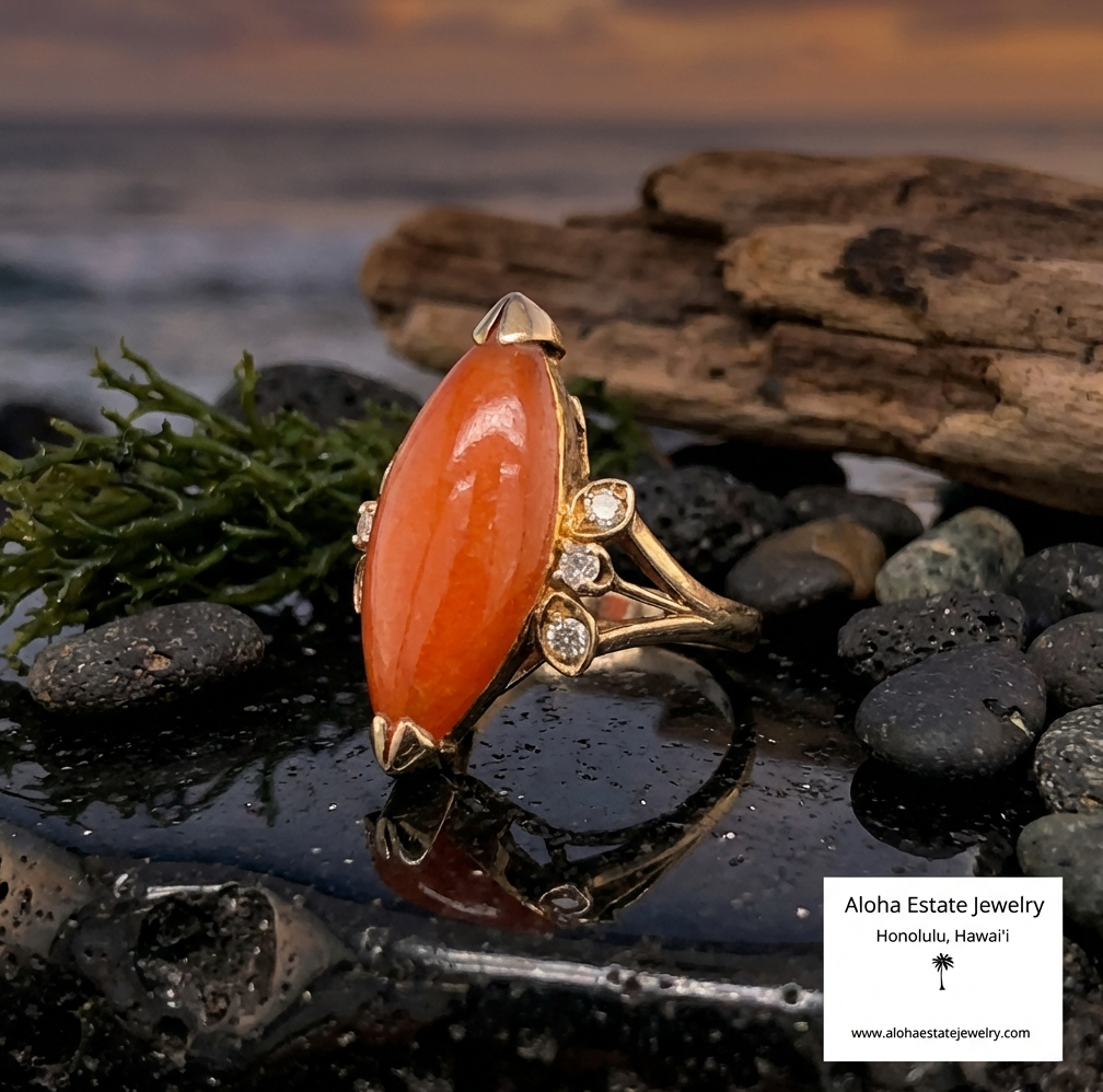 Vintage Reddish-Brown Jadeite Ring With Diamond Accents