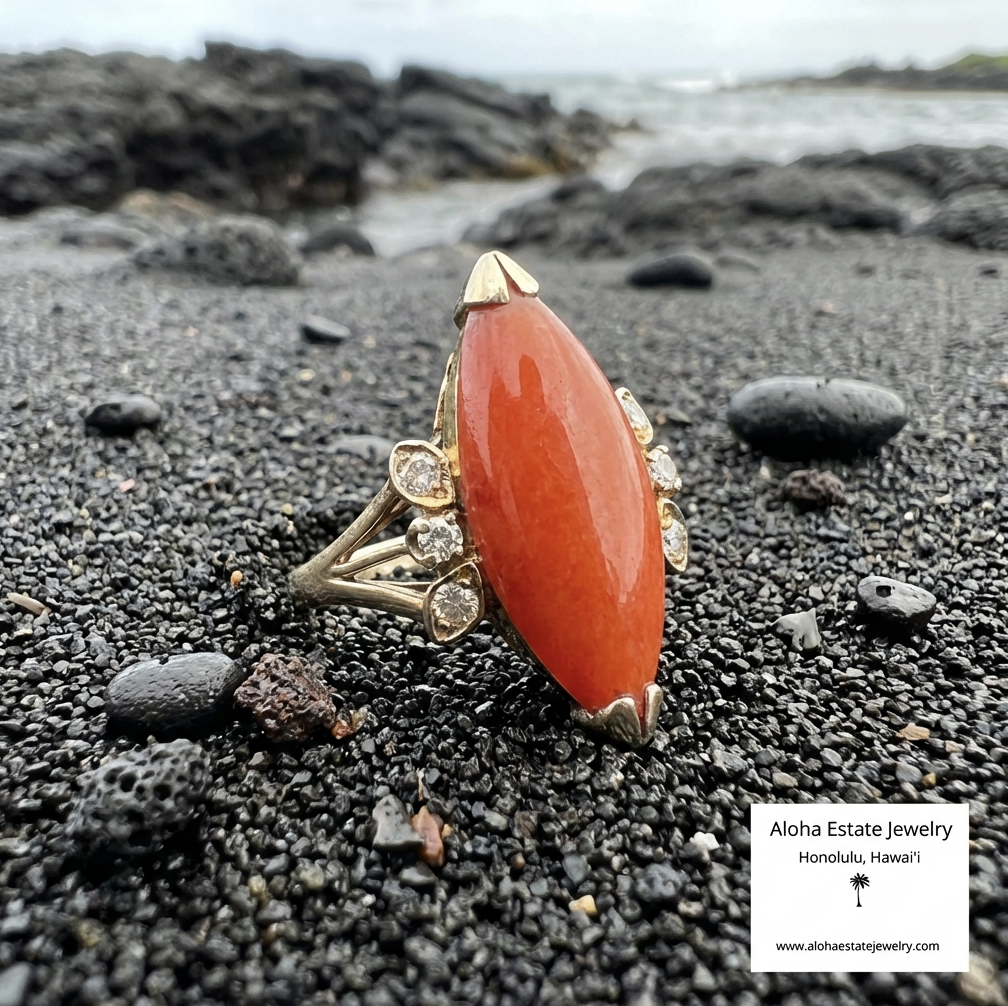 Vintage Reddish-Brown Jadeite Ring With Diamond Accents