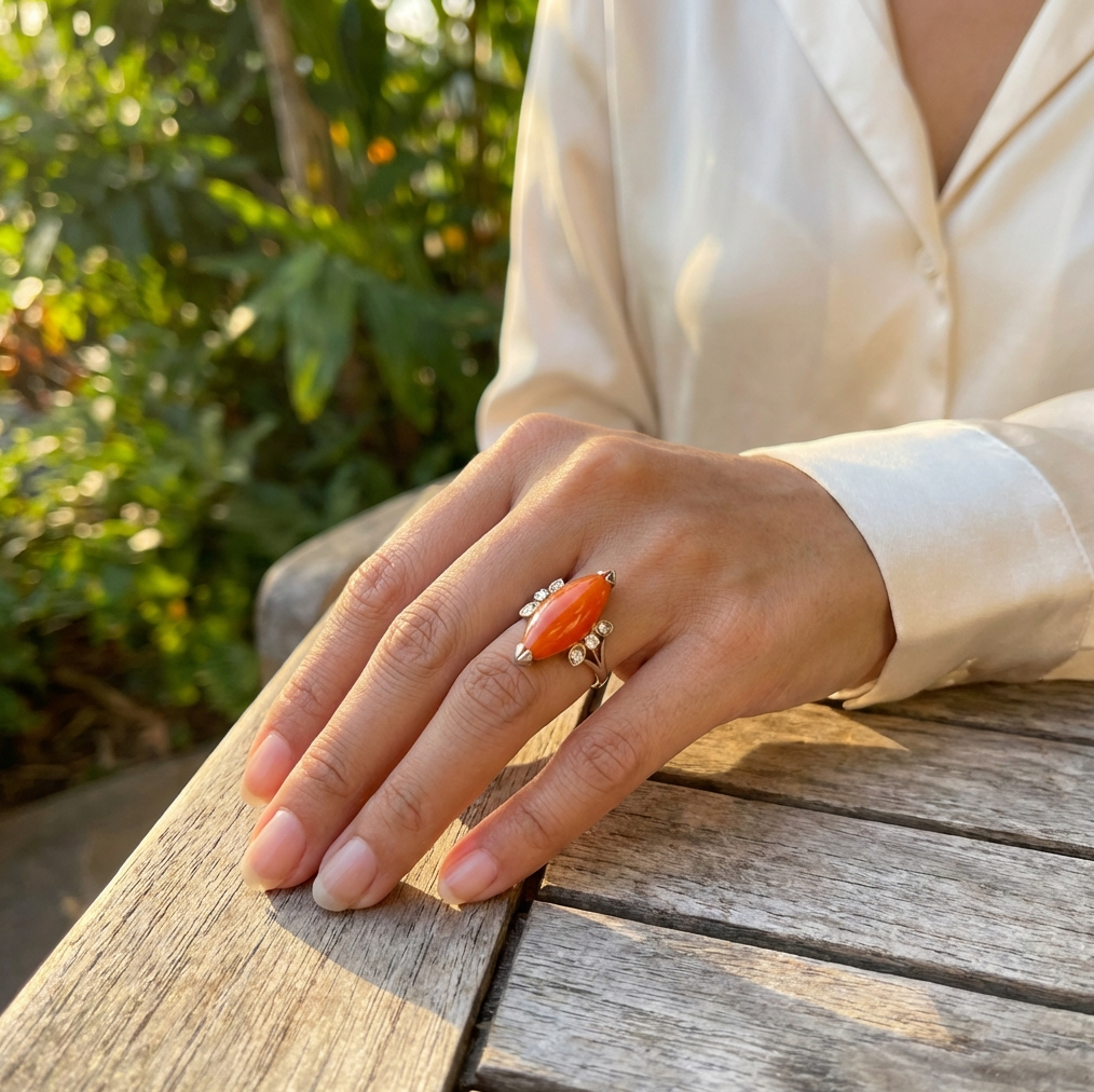 Vintage Reddish-Brown Jadeite Ring With Diamond Accents