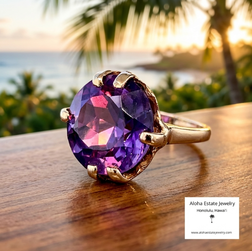 Antique Color Change 12.5-Carats Sapphire Ring in 10K Yellow Gold