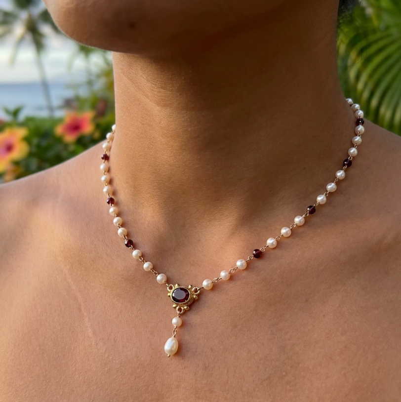 Edwardian Pyrope Garnet & Pearl Pendant Necklace