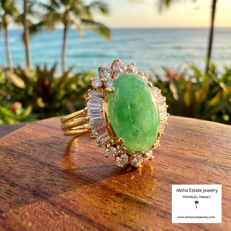 2.00ct Diamond Halo Jadeite Cocktail Ring 18K Yellow Gold