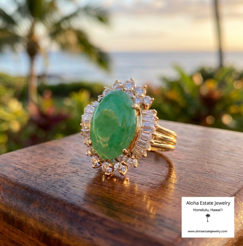 2.00ct Diamond Halo Jadeite Cocktail Ring 18K Yellow Gold