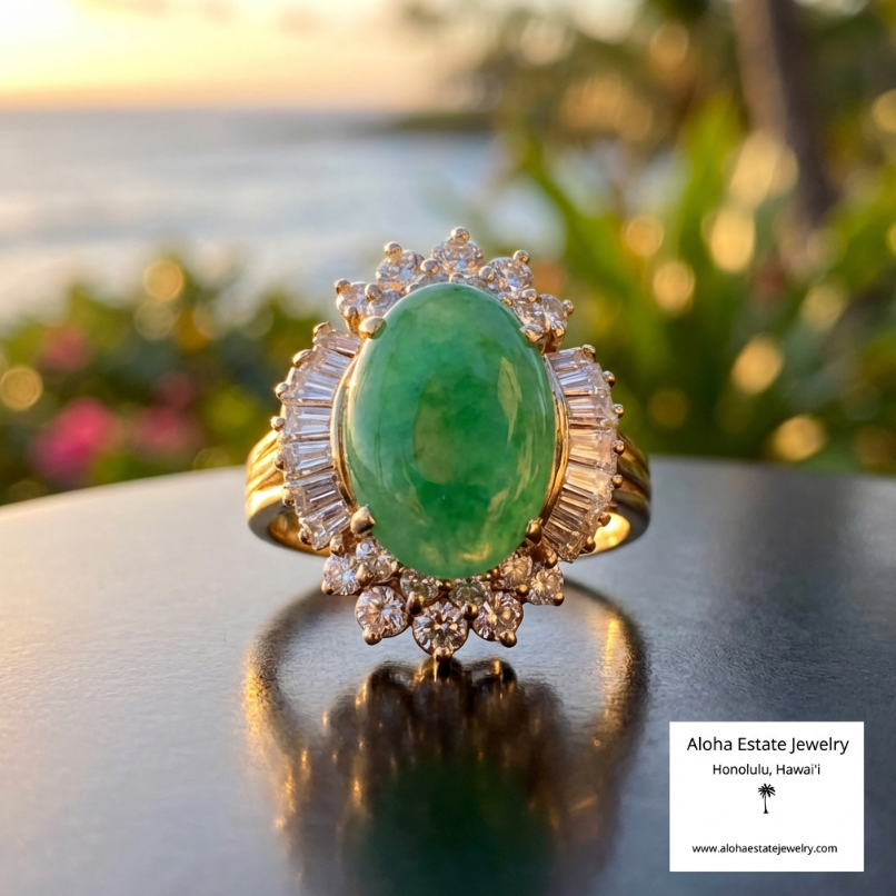 2.00ct Diamond Halo Jadeite Cocktail Ring 18K Yellow Gold