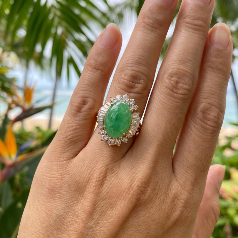 2.00ct Diamond Halo Jadeite Cocktail Ring 18K Yellow Gold
