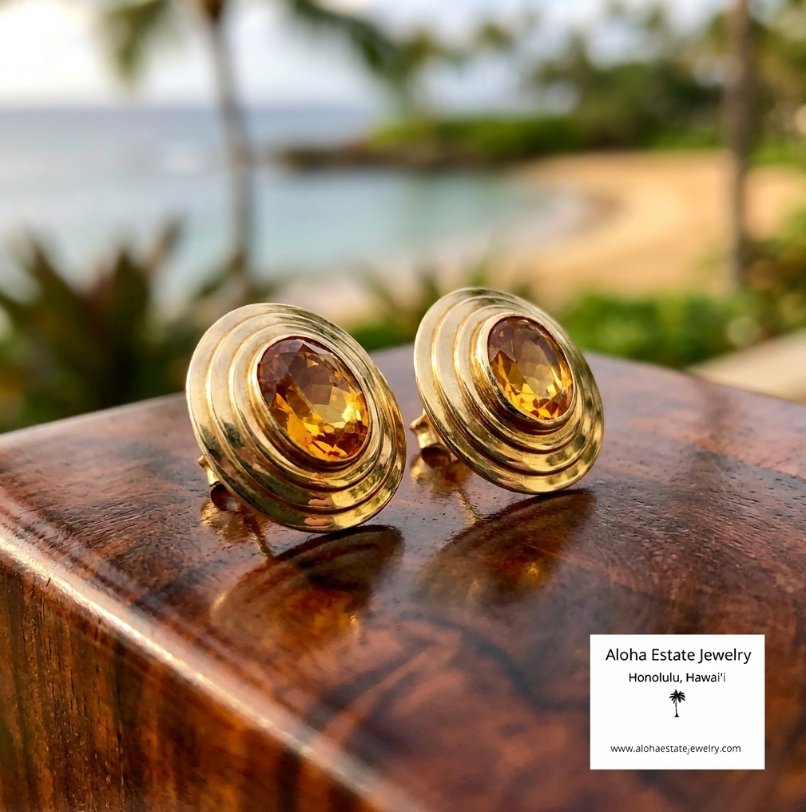 Estate 14K 2-Carats Natural Citrine Gold-Framed Earrings