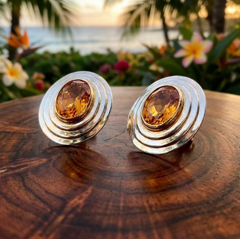 Estate 14K 2-Carats Natural Citrine Gold-Framed Earrings