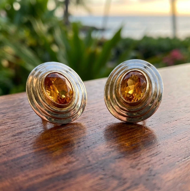 Estate 14K 2-Carats Natural Citrine Gold-Framed Earrings