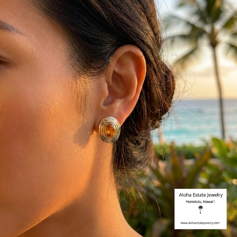 Estate 14K 2-Carats Natural Citrine Gold-Framed Earrings