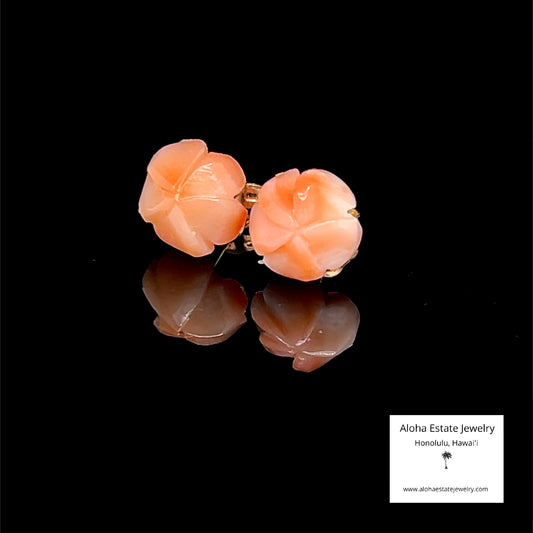Vintage 14K Coral Plumeria Flower Earrings