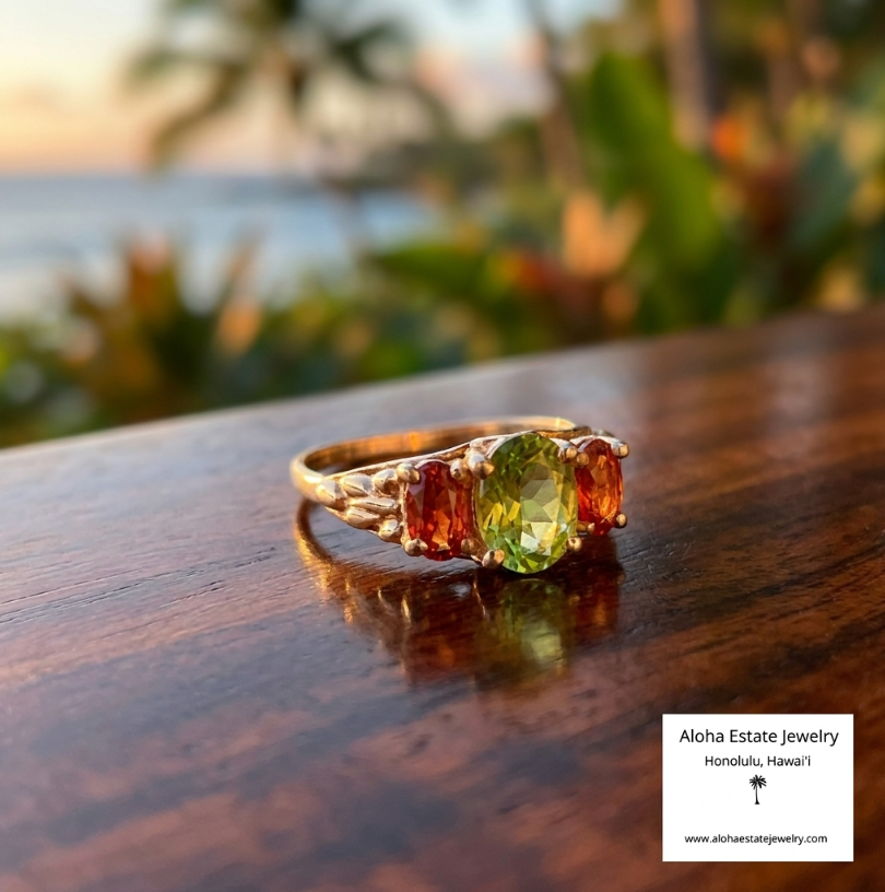 Vintage Peridot & Rubellite Tourmaline Ring in 14K