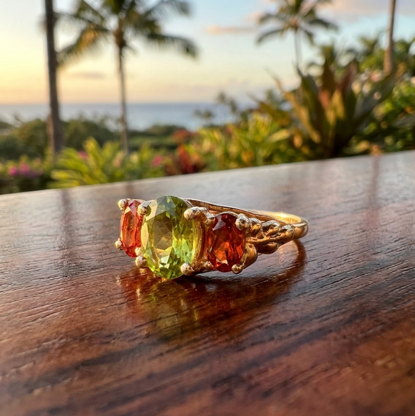 Vintage Peridot & Rubellite Tourmaline Ring in 14K