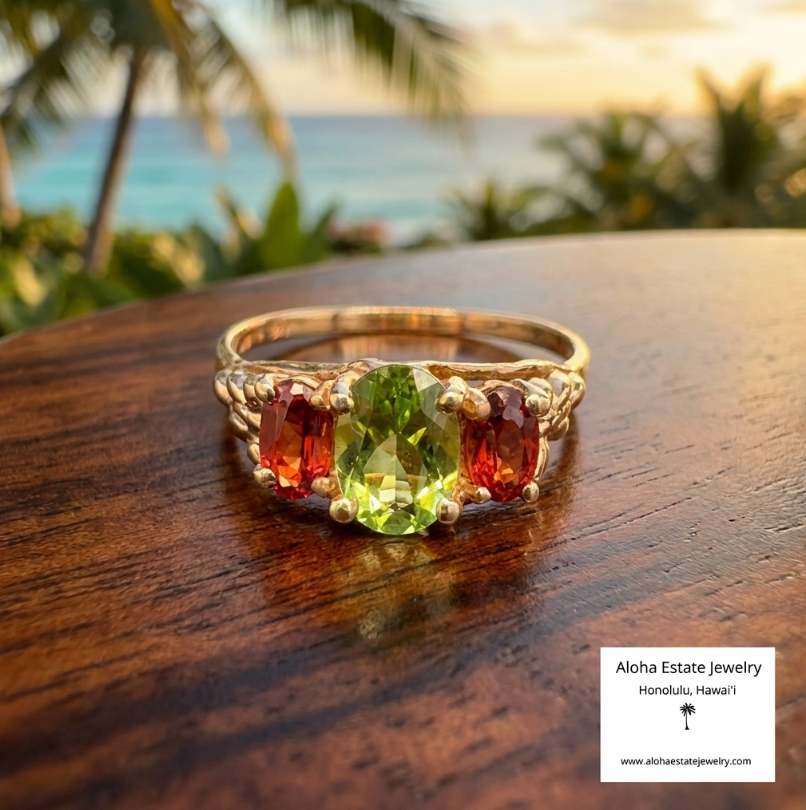 Vintage Peridot & Rubellite Tourmaline Ring in 14K