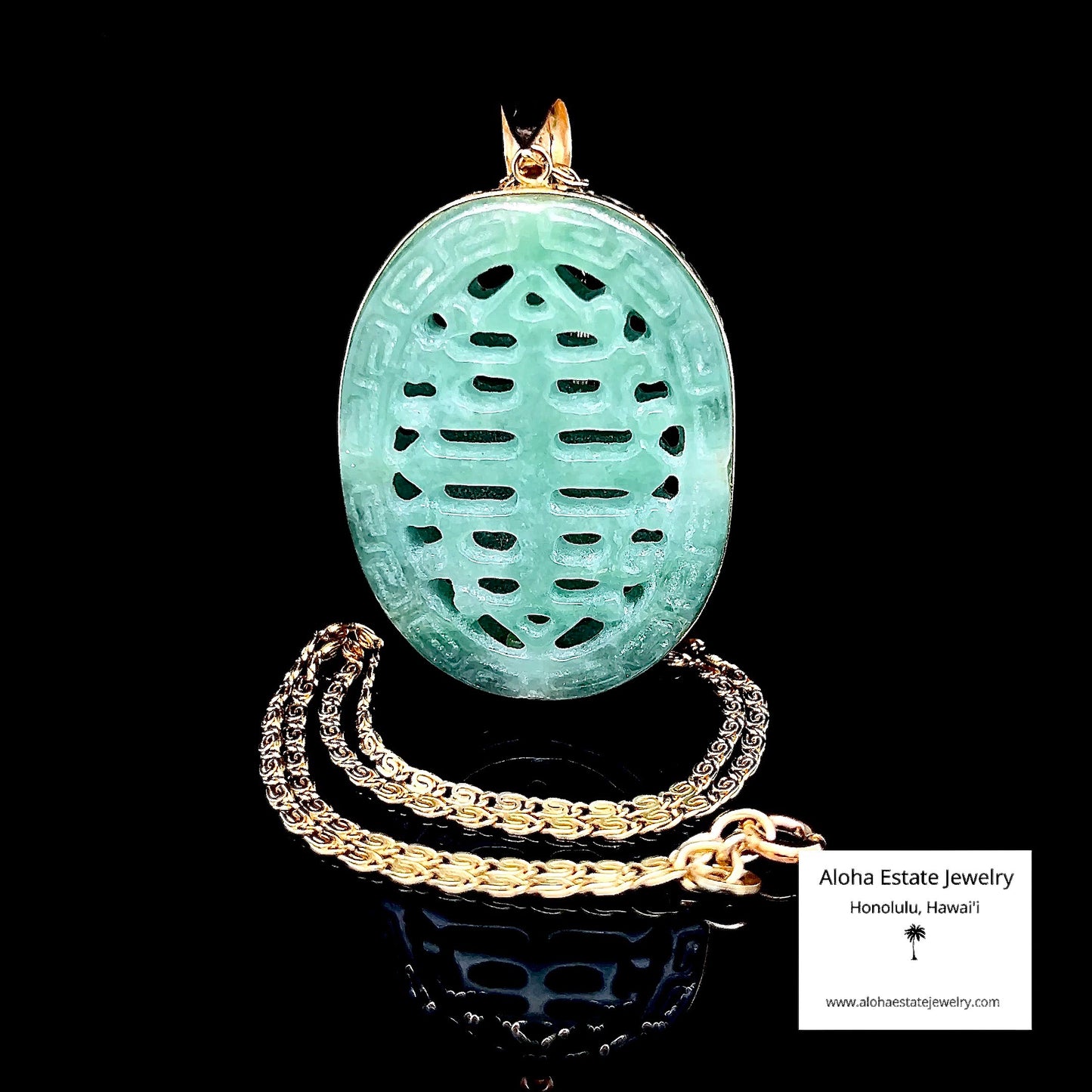 Jadeite Double Happiness Pendant 14K with Chain