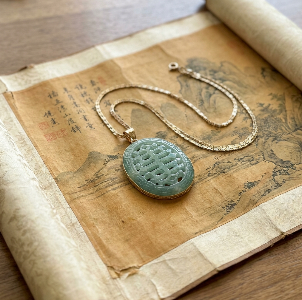 Jadeite Double Happiness Pendant 14K with Chain