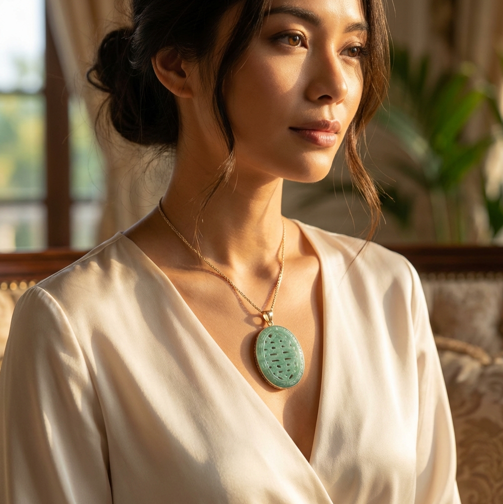 Jadeite Double Happiness Pendant 14K with Chain