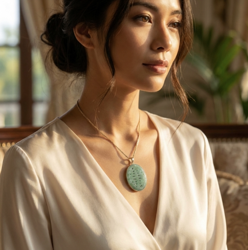Jadeite Double Happiness Pendant 14K with Chain