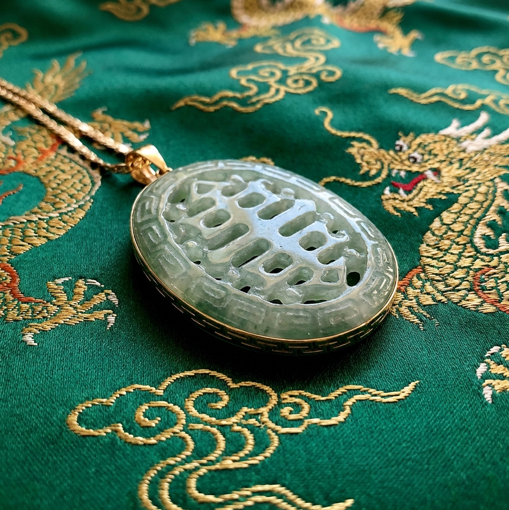 Jadeite Double Happiness Pendant 14K with Chain