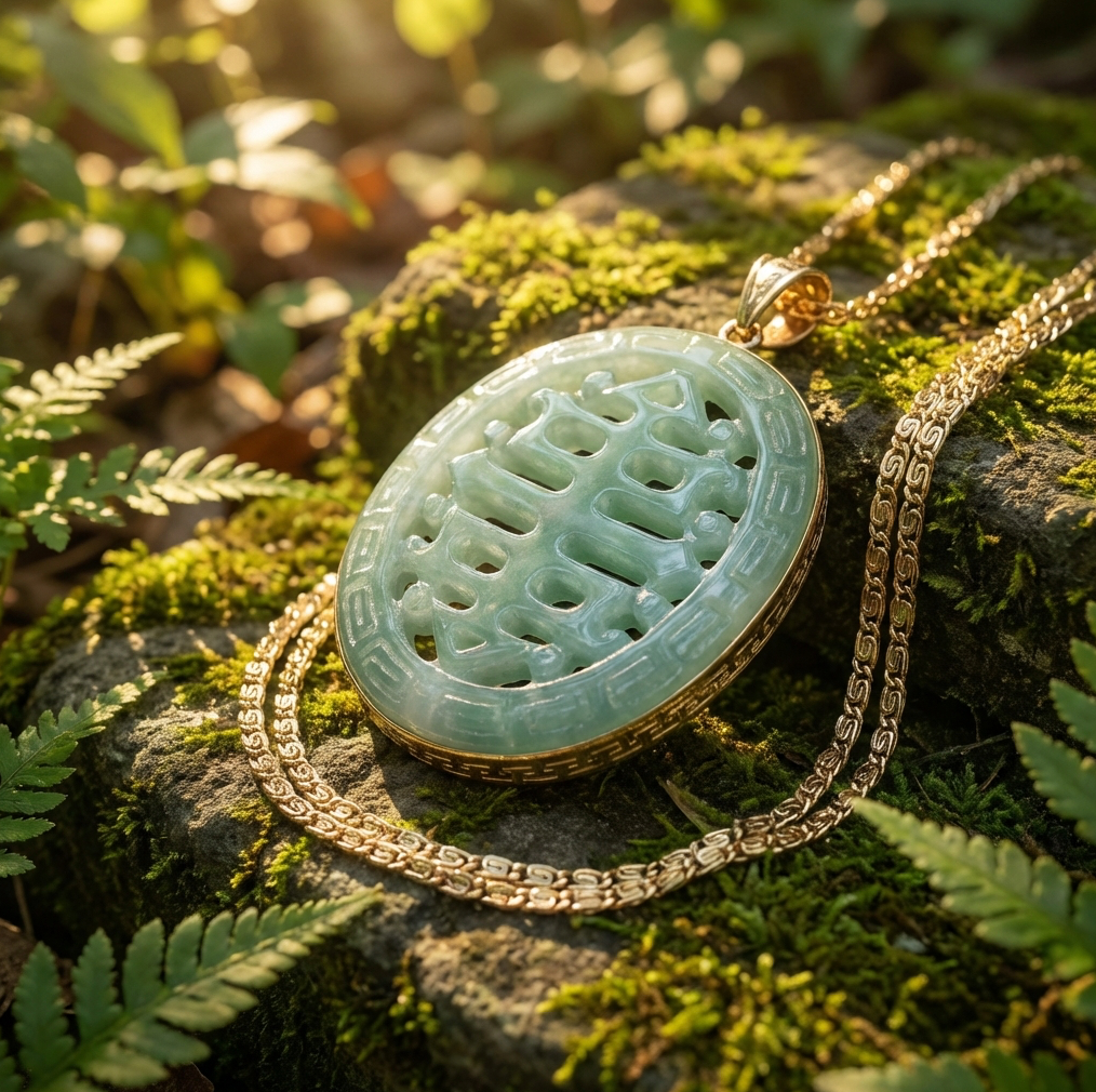 Jadeite Double Happiness Pendant 14K with Chain