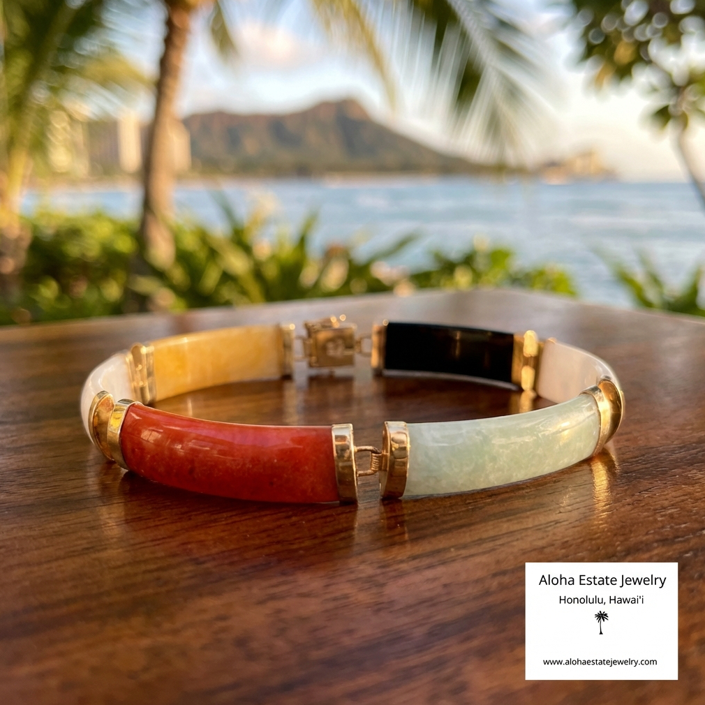 Multi-Color Jade Panel Bracelet in 14K Gold Fu Clasp
