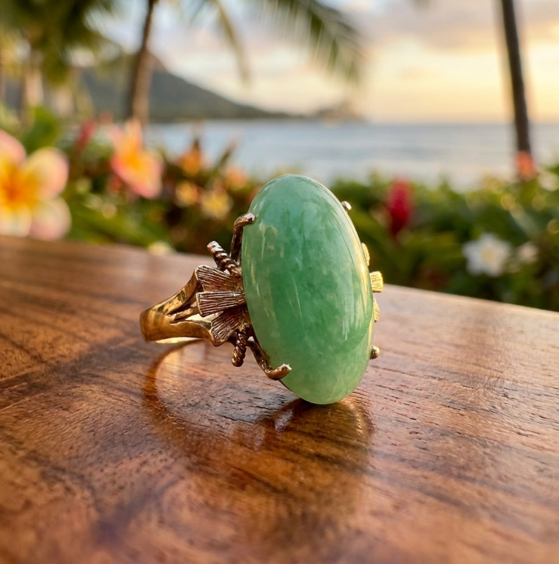 Antique 14K 9.5 Carats Apple Green Burmese Jadeite Ring