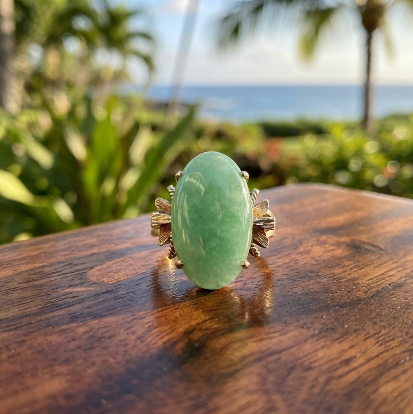 Antique 14K 9.5 Carats Apple Green Burmese Jadeite Ring