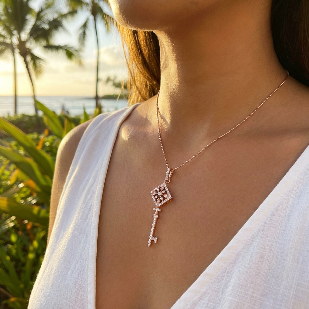 Estate 14K Rose Gold and Diamond Key Pendant
