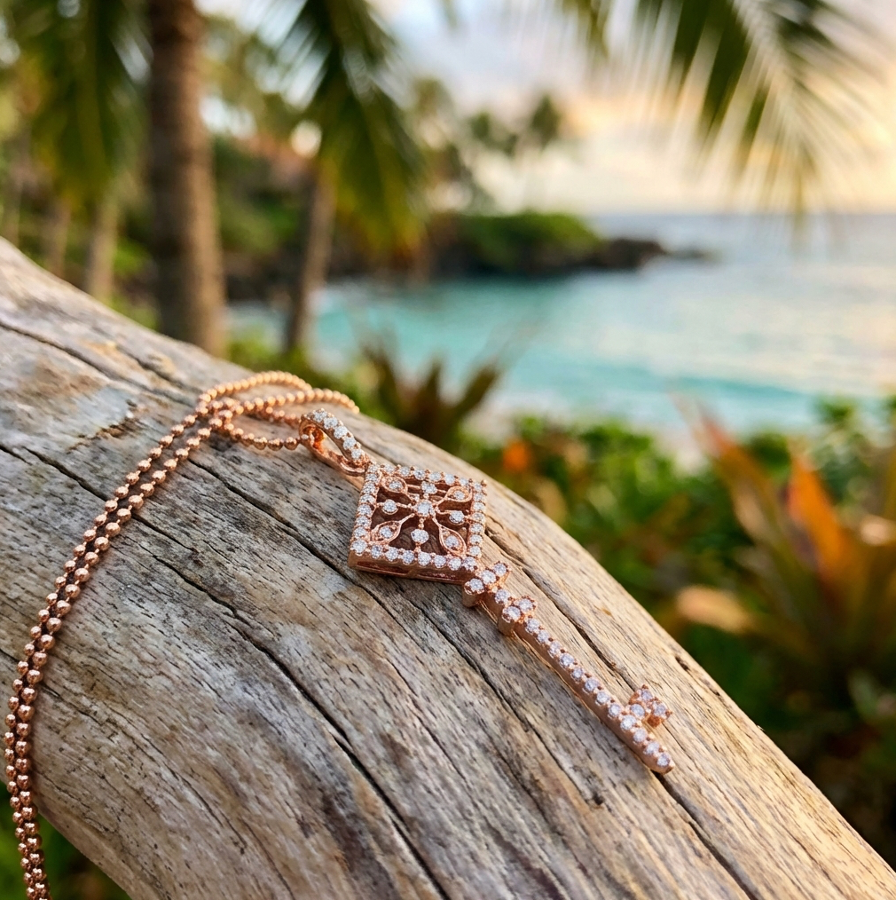 Estate 14K Rose Gold and Diamond Key Pendant