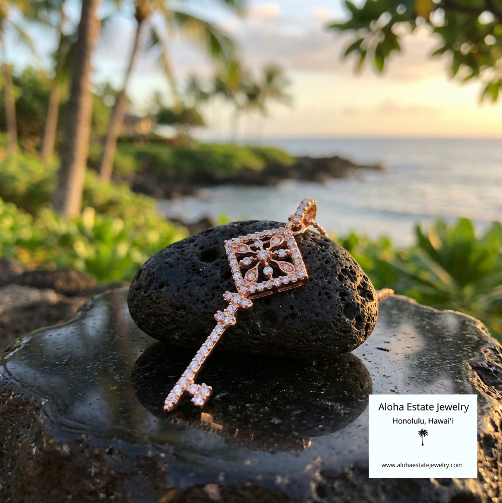 Estate 14K Rose Gold and Diamond Key Pendant