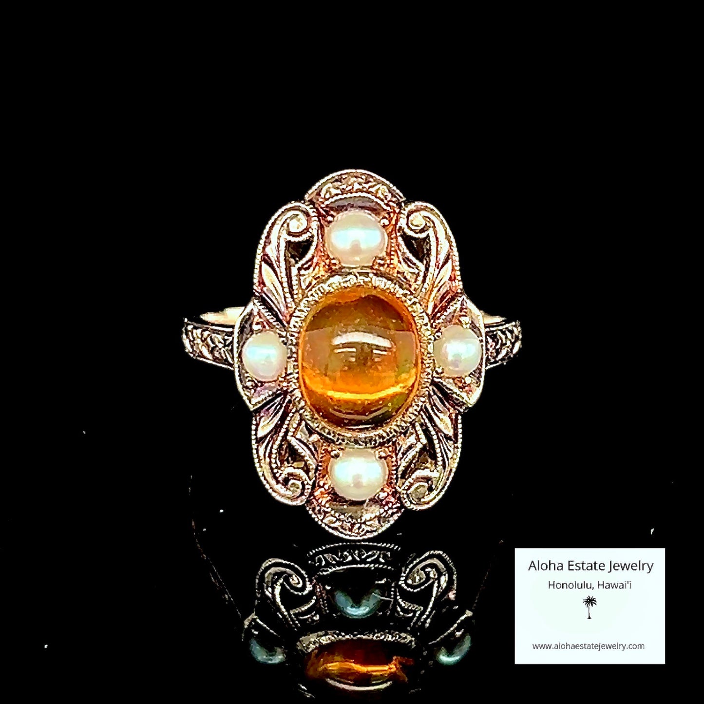 Edwardian Revival Mexican Precious Fire Opal & Pearl Ring