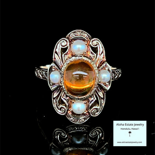 Edwardian Revival Mexican Precious Fire Opal & Pearl Ring