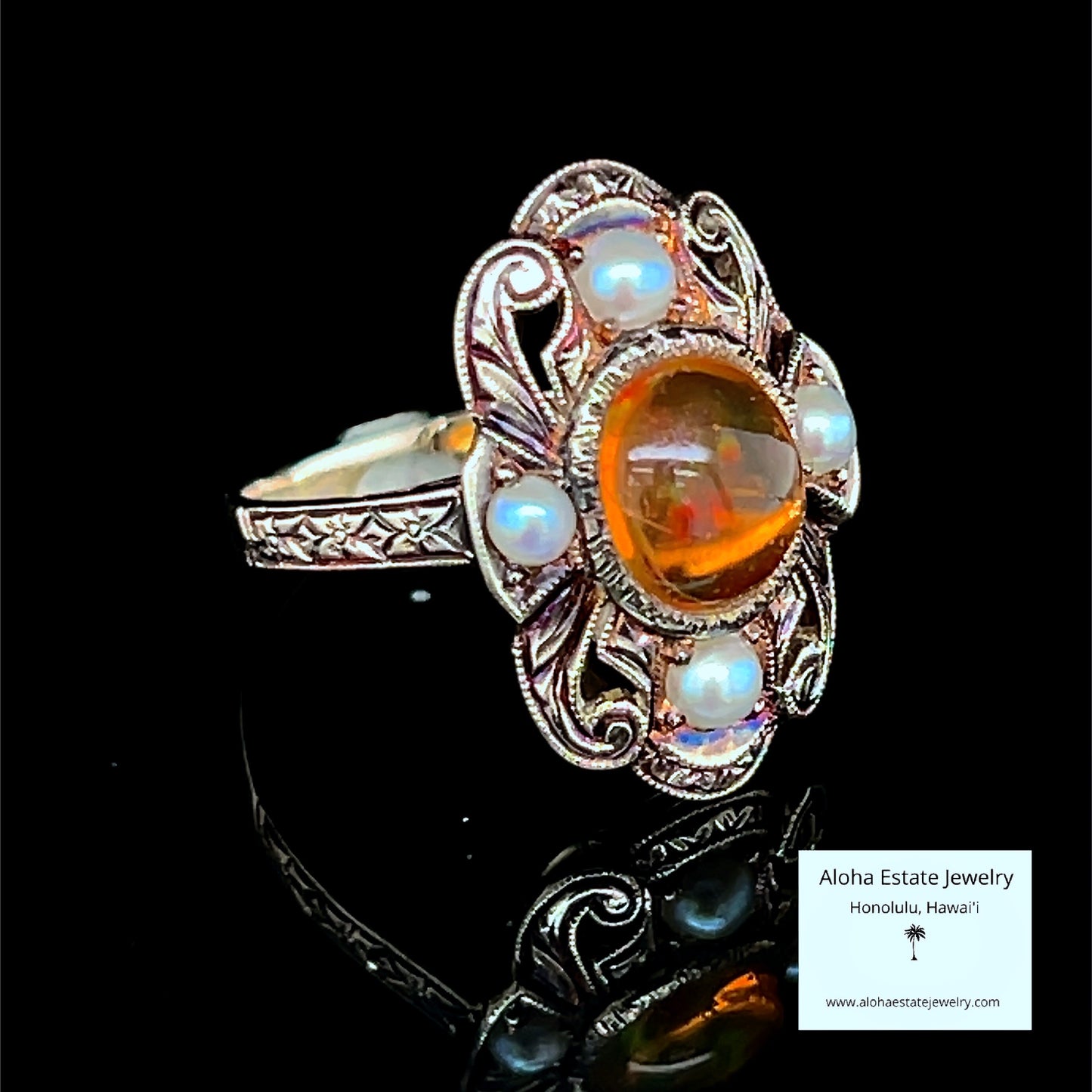 Edwardian Revival Mexican Precious Fire Opal & Pearl Ring