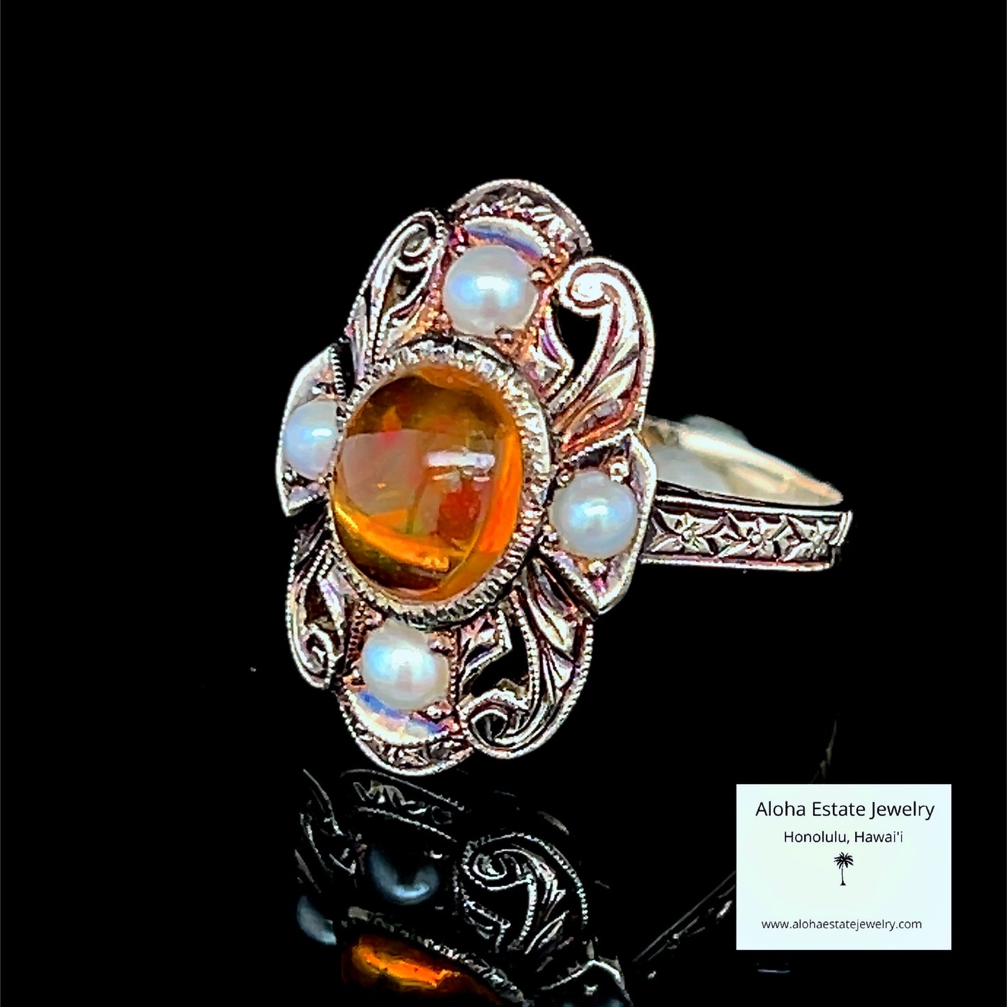 Edwardian Revival Mexican Precious Fire Opal & Pearl Ring