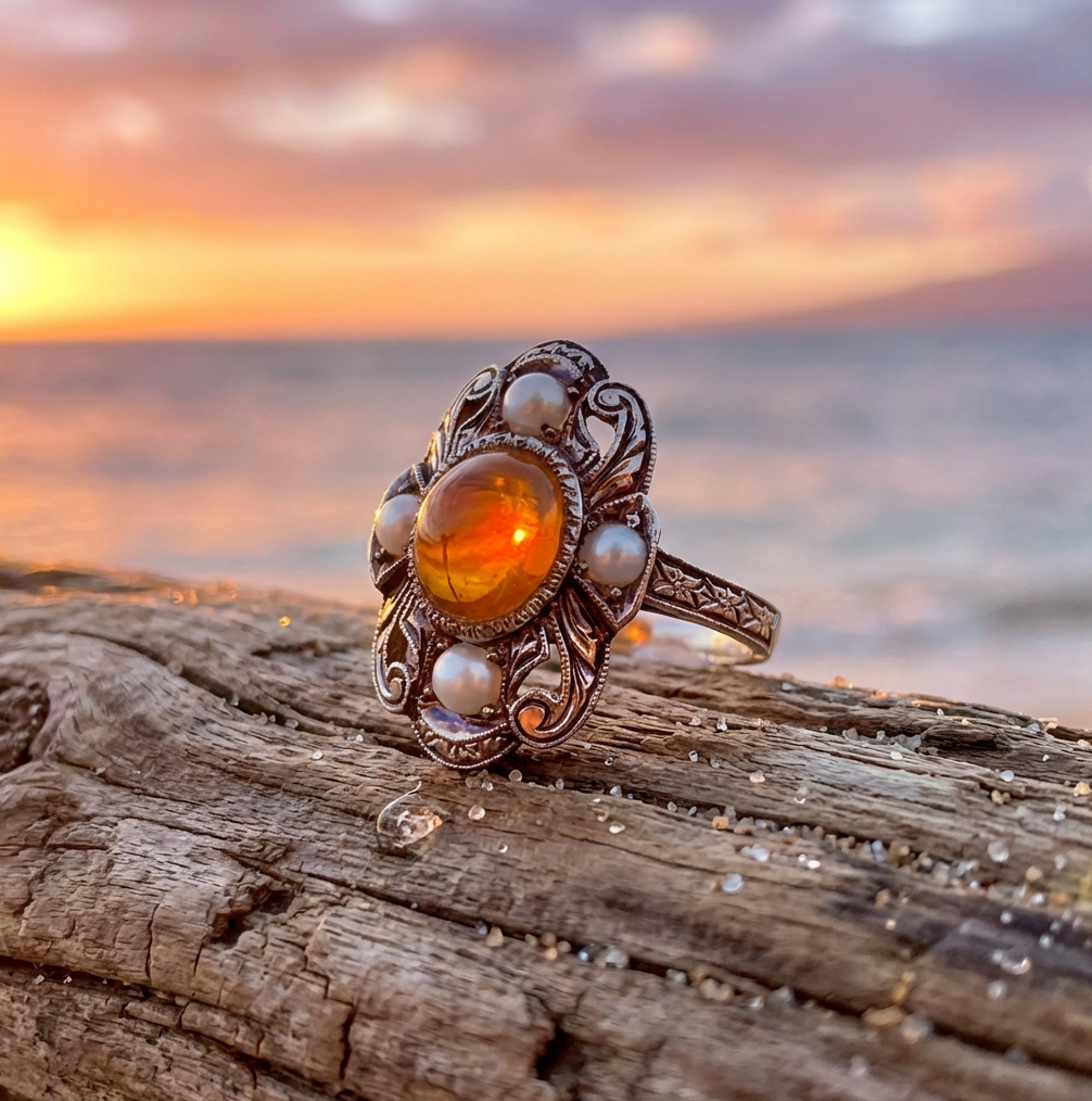Edwardian Revival Mexican Precious Fire Opal & Pearl Ring