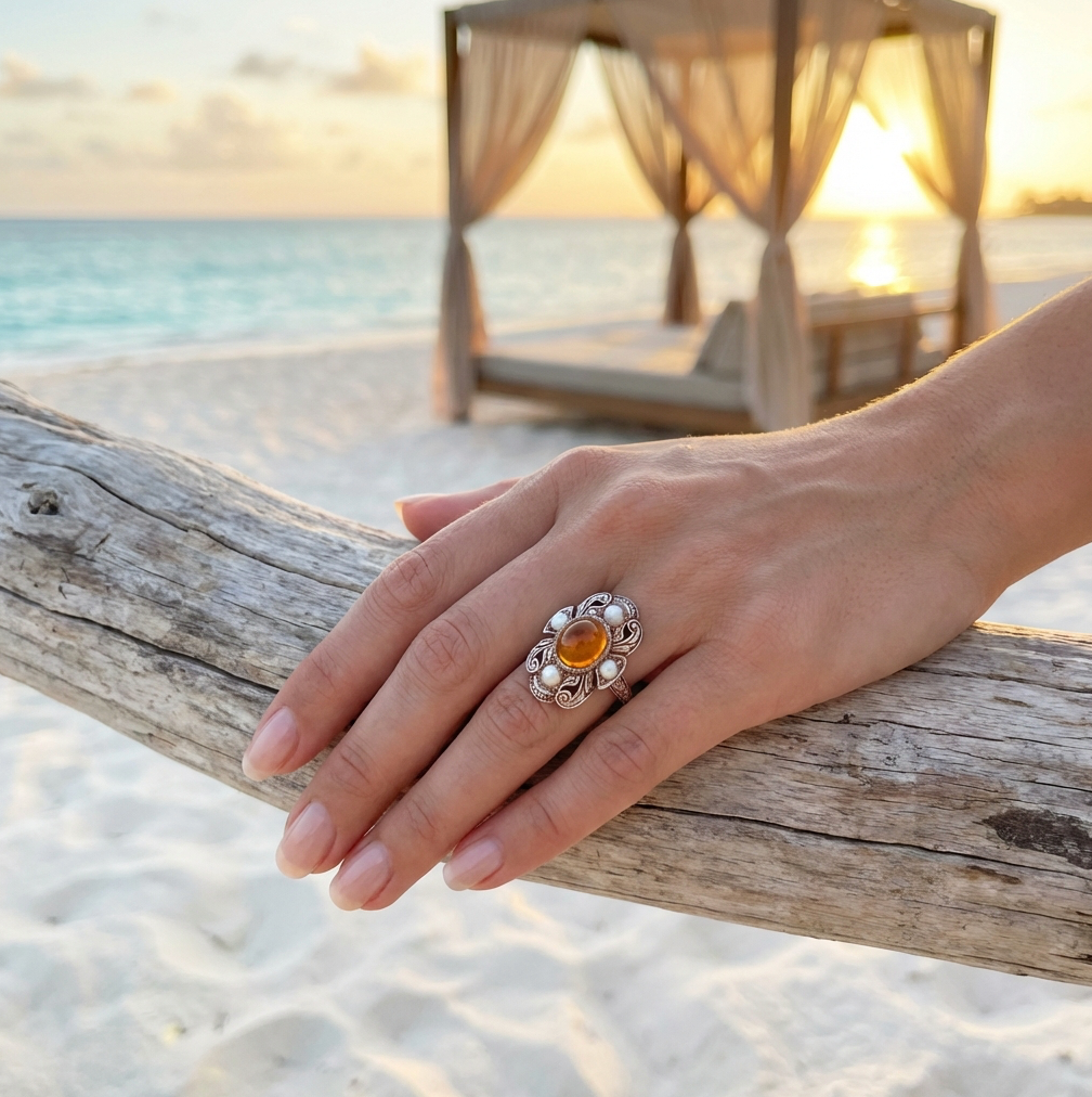 Edwardian Revival Mexican Precious Fire Opal & Pearl Ring