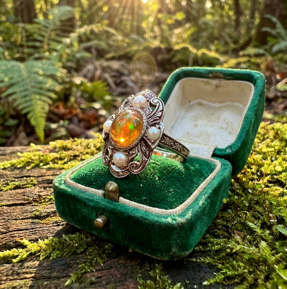 Edwardian Revival Mexican Precious Fire Opal & Pearl Ring