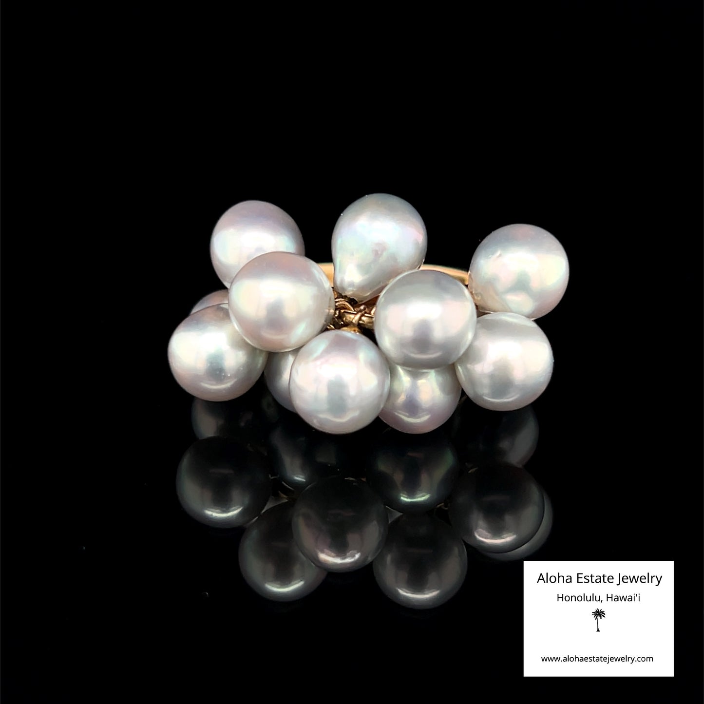 Vintage 14k Silver-Blue Akoya Baroque Pearls Cluster Ring