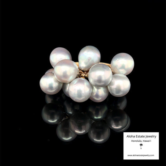 Vintage 14k Silver-Blue Akoya Baroque Pearls Cluster Ring