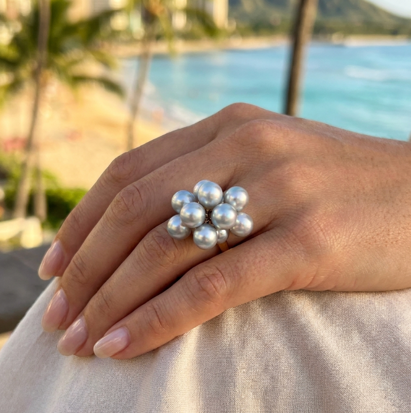 Vintage 14k Silver-Blue Akoya Baroque Pearls Cluster Ring