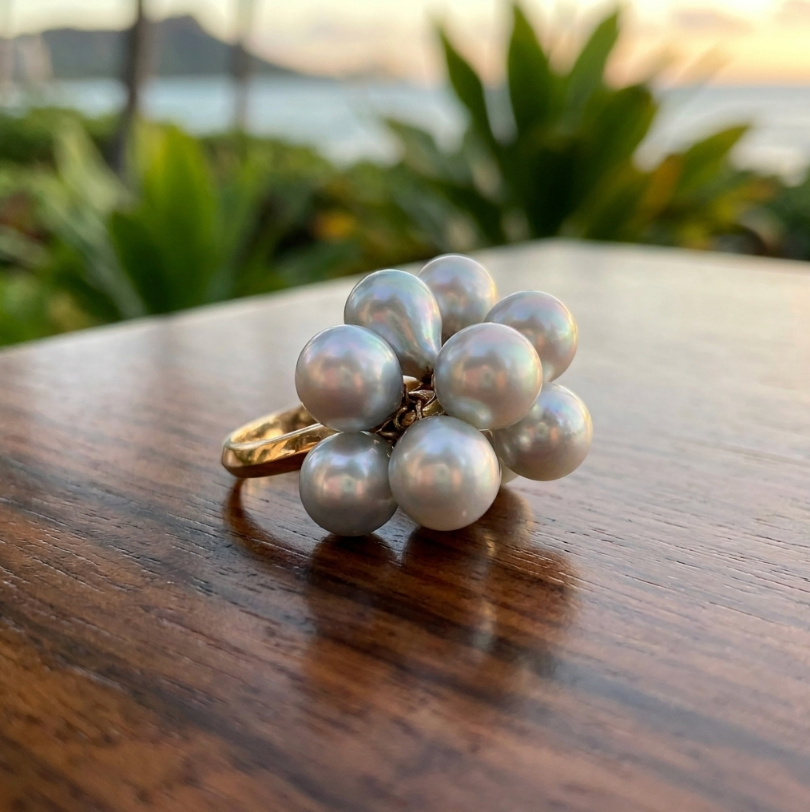 Vintage 14k Silver-Blue Akoya Baroque Pearls Cluster Ring