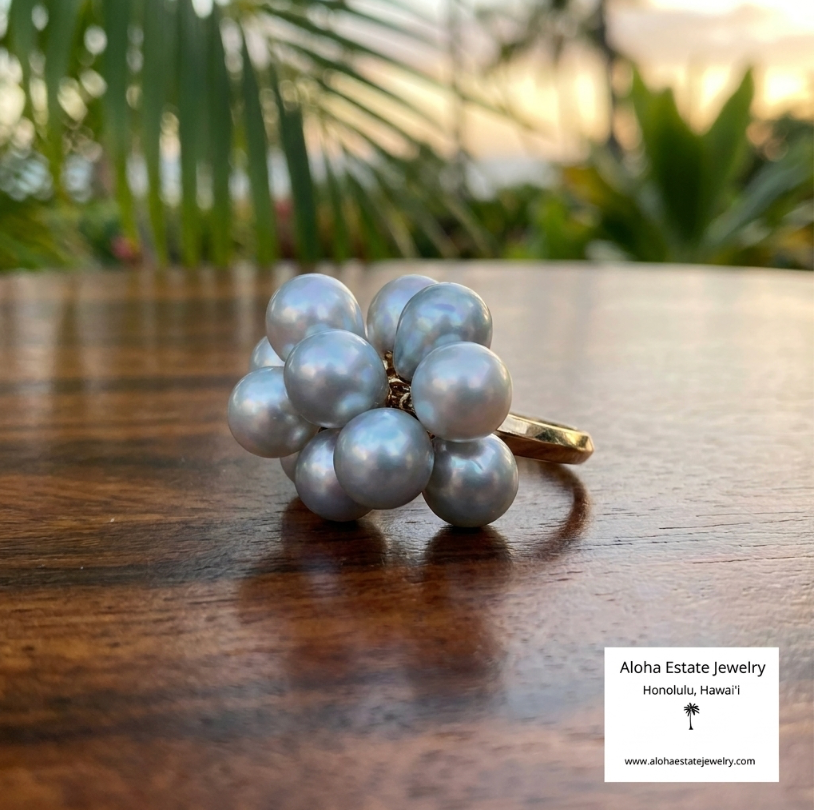 Vintage 14k Silver-Blue Akoya Baroque Pearls Cluster Ring