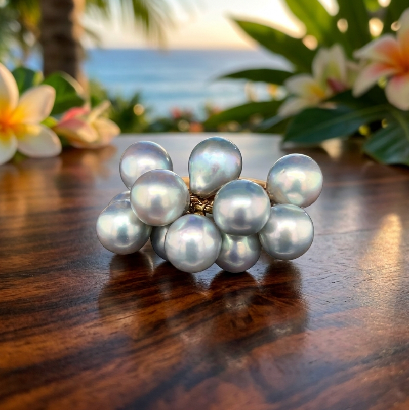 Vintage 14k Silver-Blue Akoya Baroque Pearls Cluster Ring