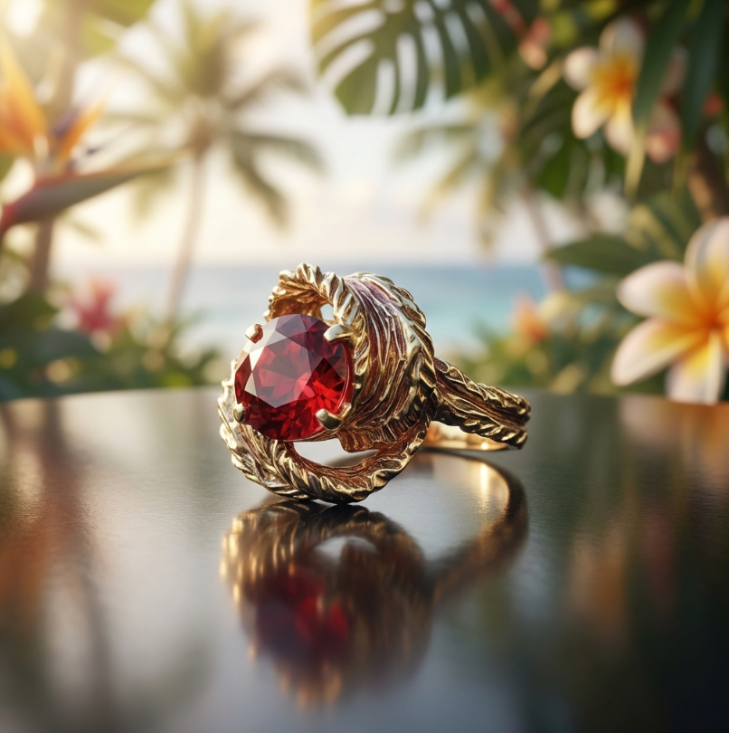 Vintage 10K Custom Leaf Motif Spessartite Garnet Ring