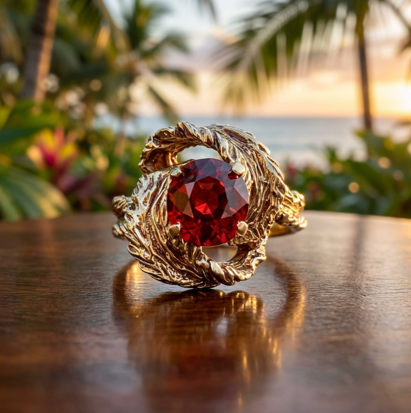Vintage 10K Custom Leaf Motif Spessartite Garnet Ring
